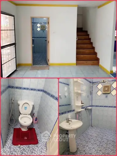 Charming home interior with tiled bathroom and wooden staircase, perfect for cozy living.