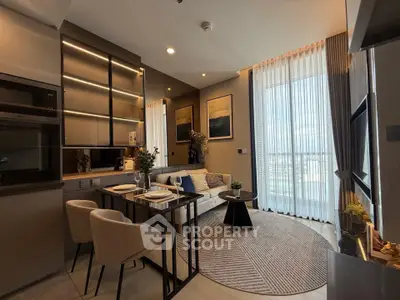 Modern living room with elegant decor and large window view