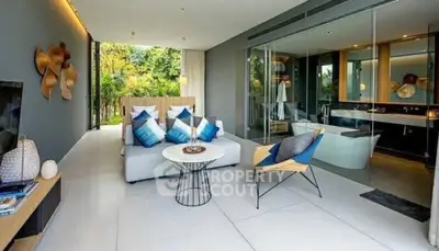 Luxurious modern living room with glass wall and garden view, featuring stylish decor and open layout.