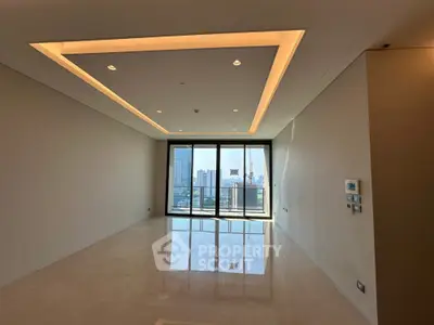 Spacious modern living room with city view and elegant ceiling design