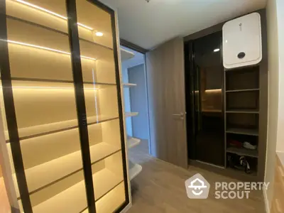 Modern storage room with sleek shelving and wooden flooring