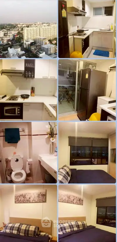 Modern apartment with city view, stylish kitchen, cozy bedroom, and compact bathroom.