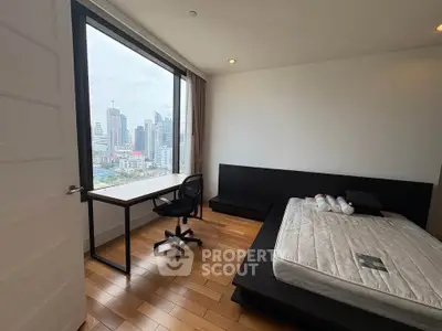 Modern bedroom with city view, featuring sleek furniture and large window, perfect for urban living.
