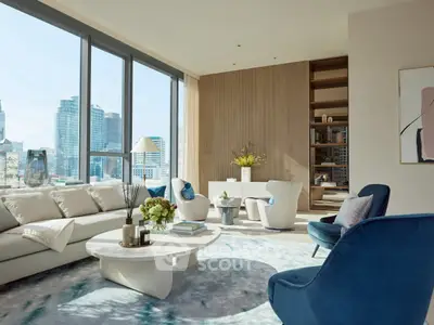 Luxurious modern living room with panoramic city views and elegant furnishings.