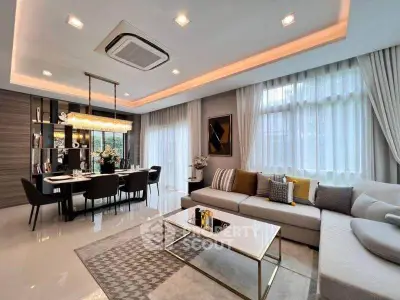 Luxurious modern living room with elegant dining area and stylish decor