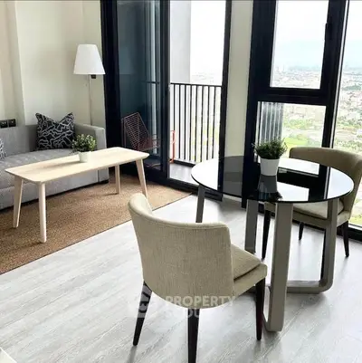 Modern living room with city view and stylish furniture