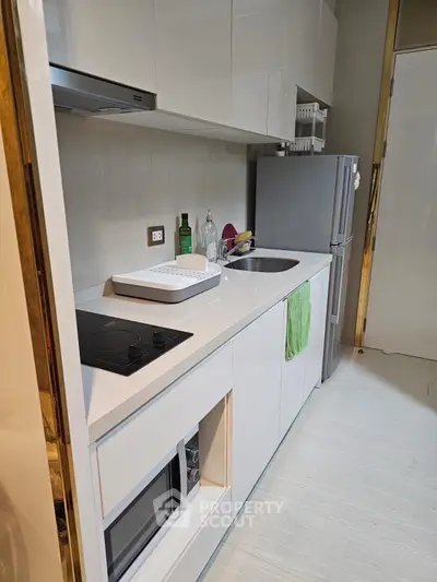Modern kitchen with sleek white cabinetry and compact appliances