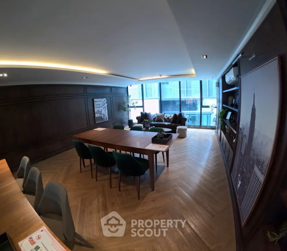 Luxurious living room with elegant wooden flooring and modern decor