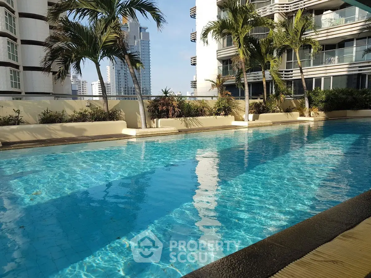 Luxurious residential pool with city skyline view and lush palm trees.