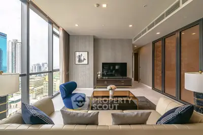 Luxurious living room with stunning city view and modern decor
