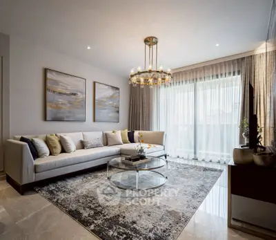 Luxurious living room with elegant chandelier and modern decor