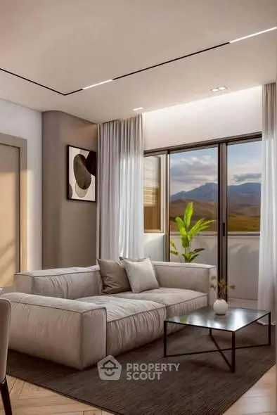 Modern living room with mountain view and stylish decor