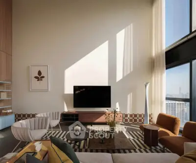 Luxurious modern living room with high ceilings and city view