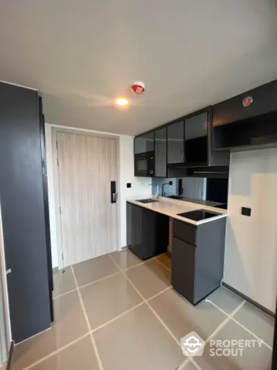 Modern compact kitchen with sleek cabinetry and integrated appliances in a stylish apartment.