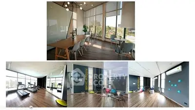 Modern gym and meeting room with large windows and stylish decor
