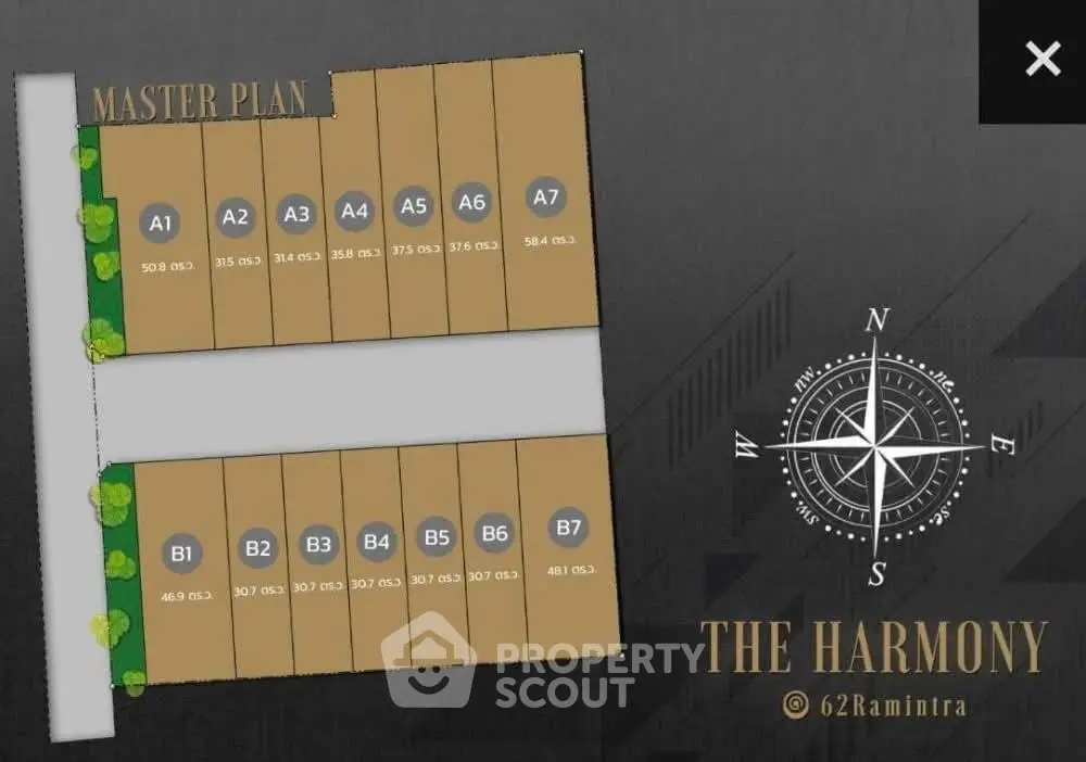 Master plan layout of The Harmony residential project with plot numbers and compass direction.