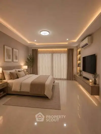 Luxurious bedroom with modern decor and ambient lighting, featuring a large bed and sleek entertainment setup.