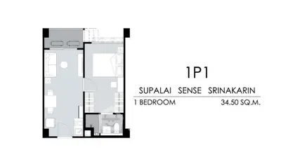 Modern 1-bedroom floor plan at Supalai Sense Srinakarin, 34.50 sqm, ideal for urban living.