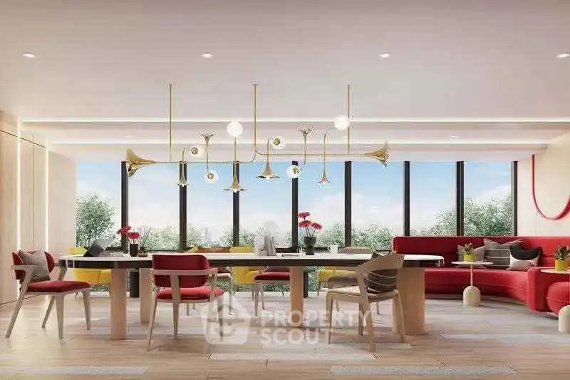 Luxurious modern living room with elegant dining area and panoramic windows.