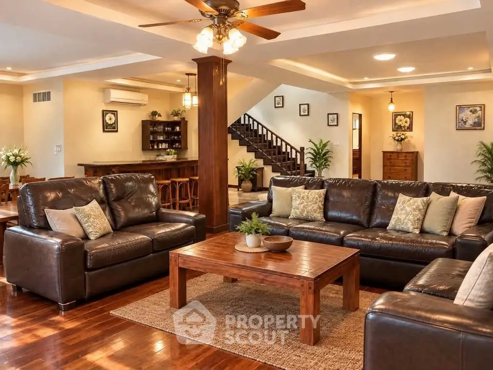 Spacious living room with leather sofas and wooden accents in a modern home.