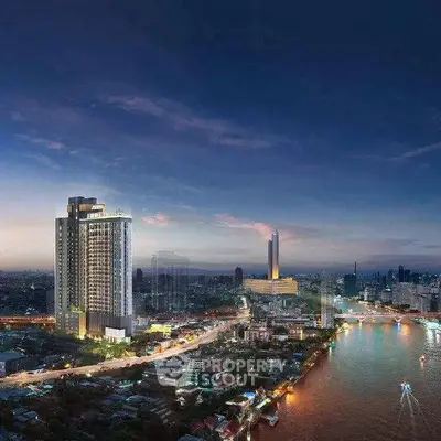 Stunning cityscape view with illuminated high-rise building by the river at dusk.
