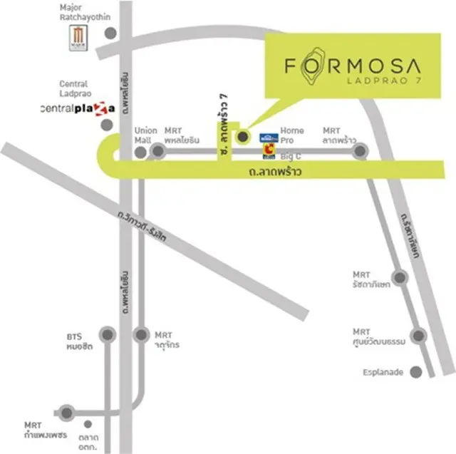 Map showing location of Formosa Ladprao 7 near MRT and BTS stations.