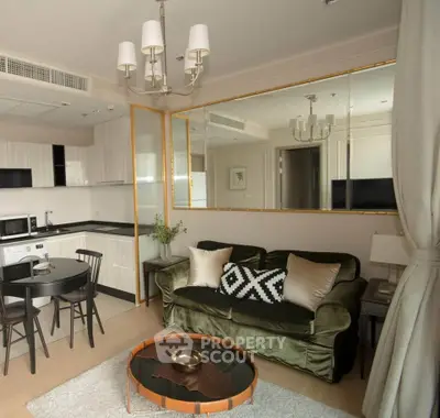Stylish living room with modern kitchen in open layout apartment