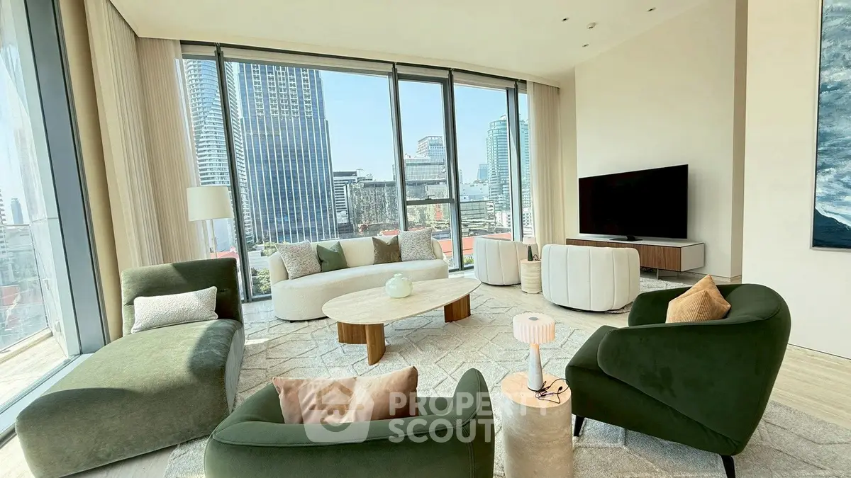 Luxurious living room with panoramic city views and modern furniture