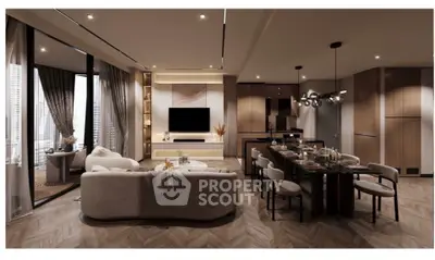 Luxurious open-plan living room with elegant decor and modern kitchen