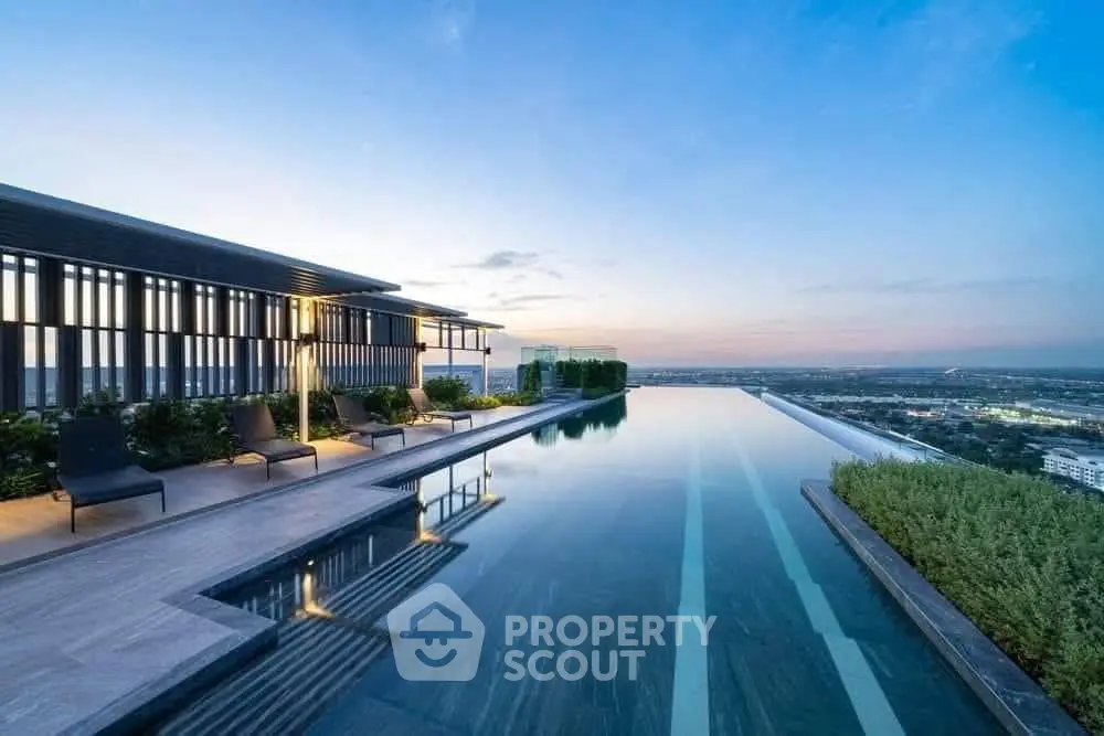 Luxurious rooftop infinity pool with stunning panoramic city views at sunset.