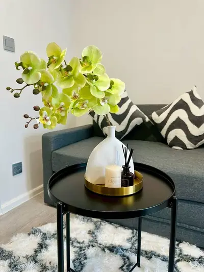 Stylish living room with modern decor, featuring a cozy sofa and elegant coffee table centerpiece.