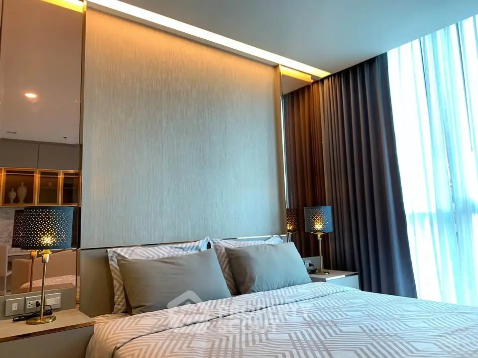 Luxurious modern bedroom with elegant lighting and stylish decor