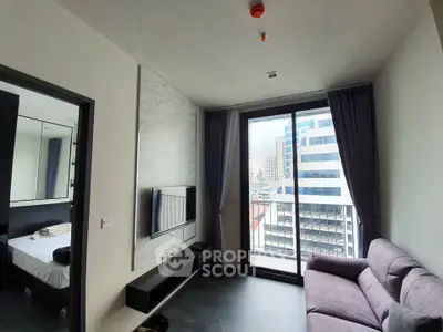 Modern apartment living room with city view and sleek interior design