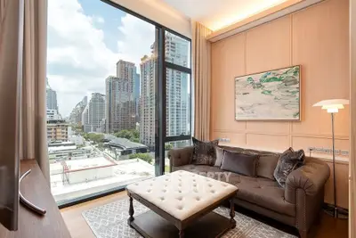 Luxurious living room with stunning city view and elegant decor