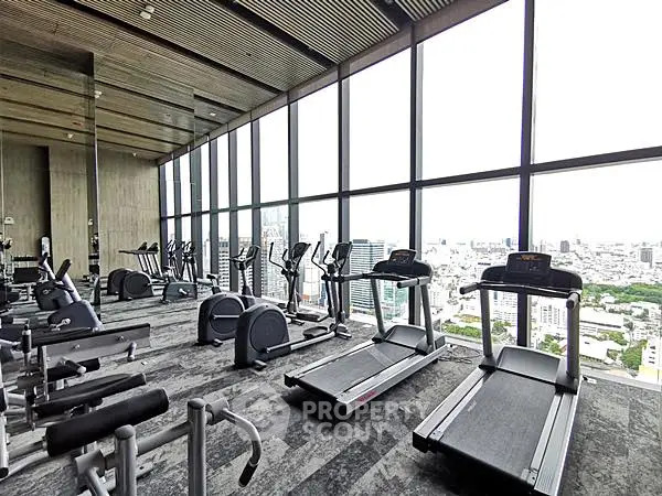 Luxurious high-rise gym with panoramic city views and modern fitness equipment.