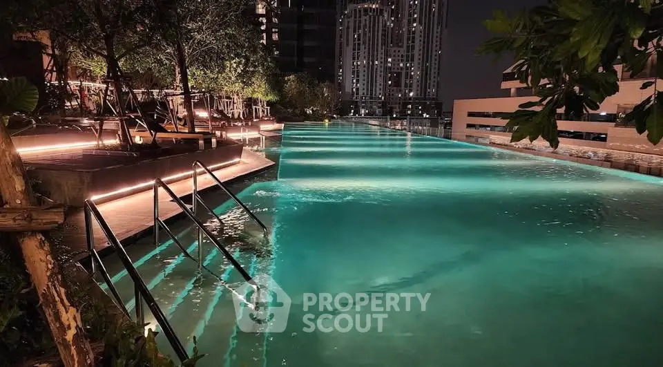 Luxurious rooftop pool with ambient lighting and city skyline view, perfect for urban living.