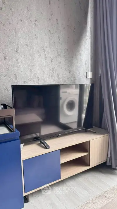 Modern living room with sleek TV stand and washing machine view, perfect for urban living.