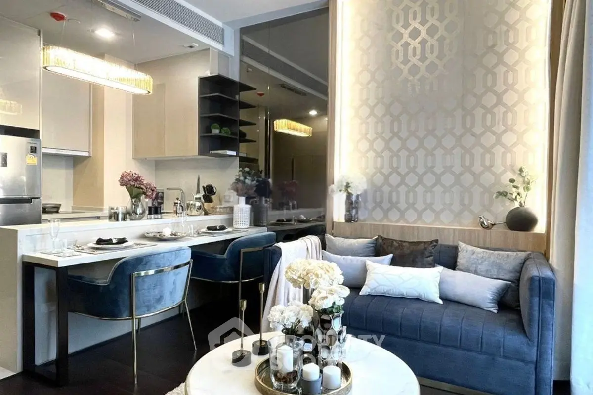 Luxurious modern living room with elegant decor and open kitchen layout