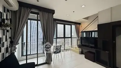 Modern living room with large windows and city view, featuring sleek furniture and elegant curtains.