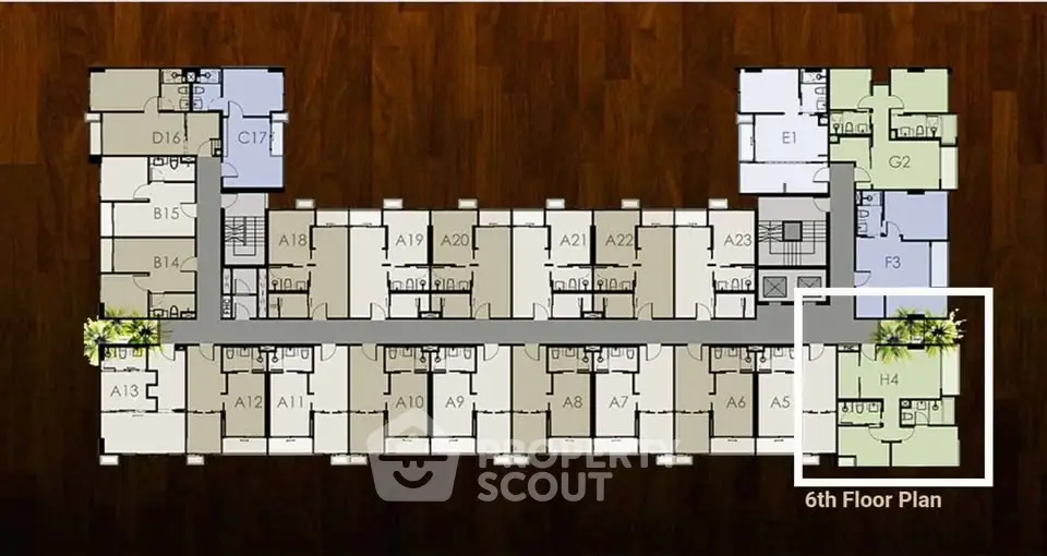 Explore the detailed 6th floor plan of a modern apartment building, showcasing unit layouts and strategic design.