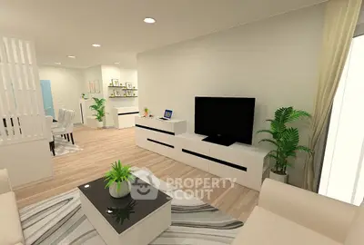 Modern living room with sleek furniture and stylish decor, featuring a large TV and elegant plants.