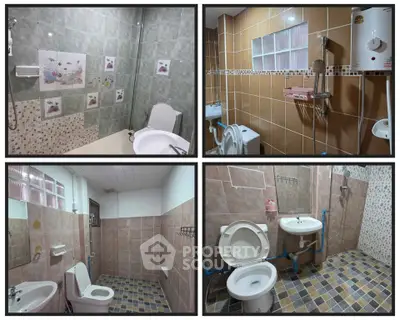 Collection of four different bathroom designs with modern fixtures and tiled walls.