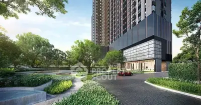 Luxurious high-rise building with lush landscaped gardens and modern driveway entrance.