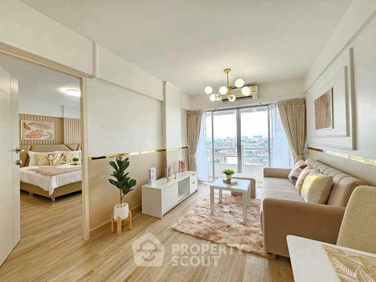 Modern living room with elegant decor and city view, featuring cozy seating and stylish lighting.