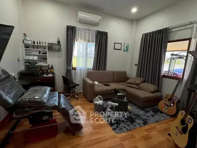 Cozy living room with musical instruments and modern decor