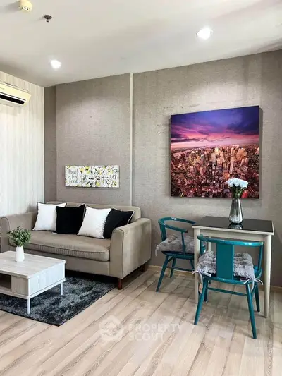 Modern living room with stylish decor and cozy seating area