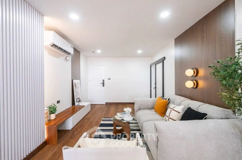 Modern living room with stylish decor and cozy seating area