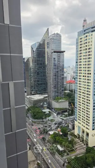 Stunning cityscape view from high-rise building showcasing modern architecture and bustling streets.