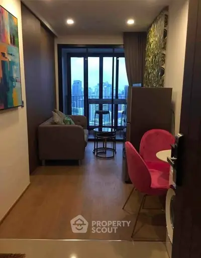 Stylish modern apartment with city view, cozy living area, and vibrant decor.