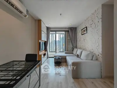 Modern living room with large sofa and balcony view in stylish apartment